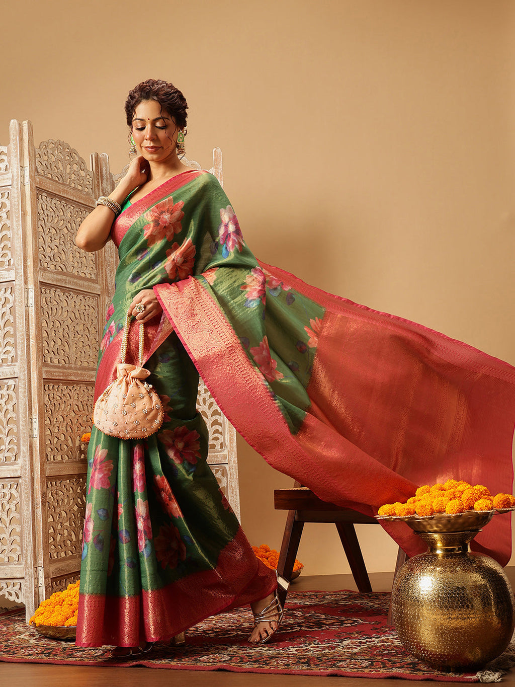 Green Banarasi Tissue Silk Saree with Floral Print