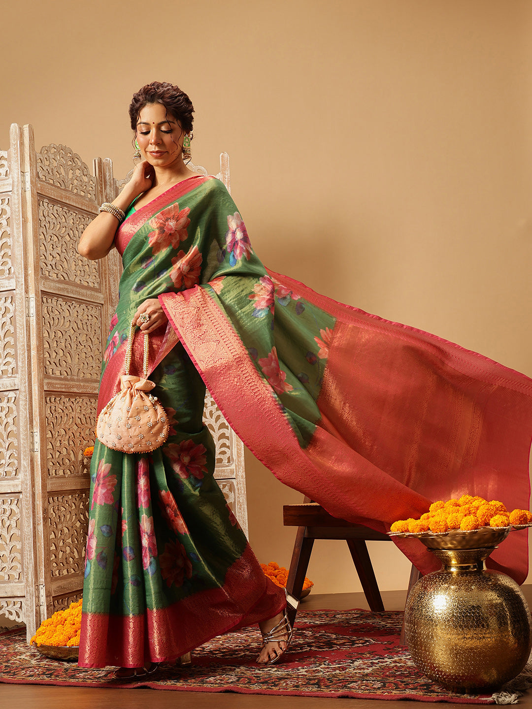 Green Banarasi Tissue Silk Saree with Floral Print