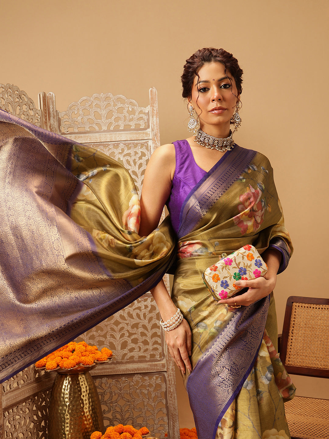 Olive Banarasi Tissue Silk Saree with Floral Digital Print