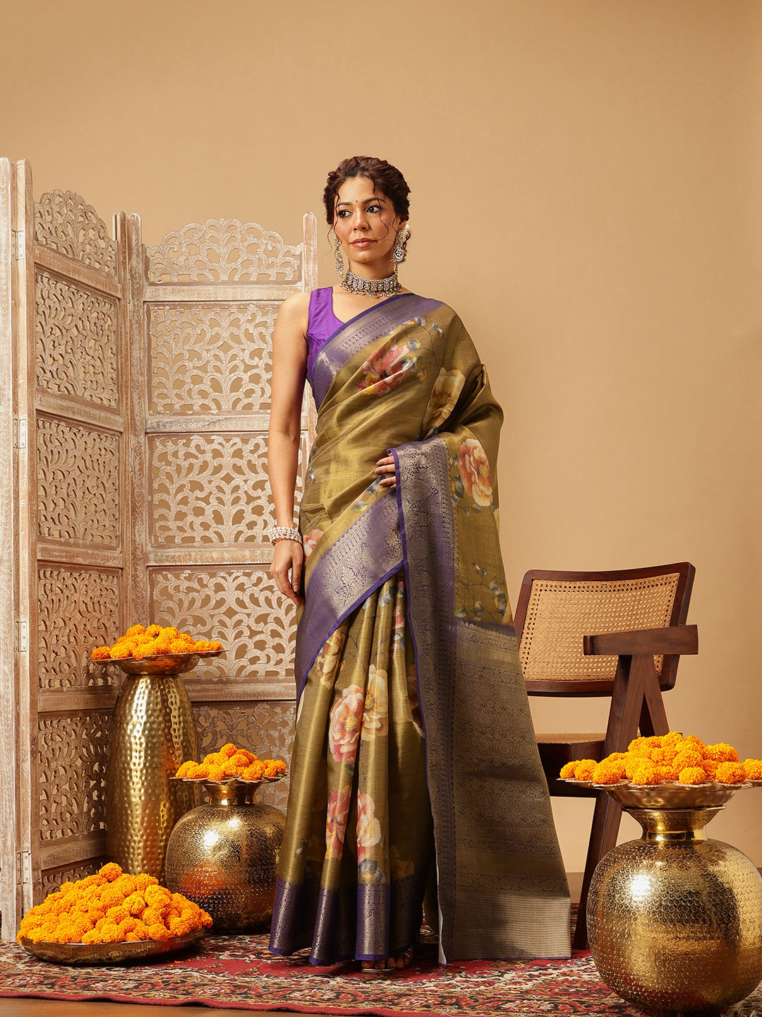 Olive Banarasi tissue silk saree with vibrant floral digital print