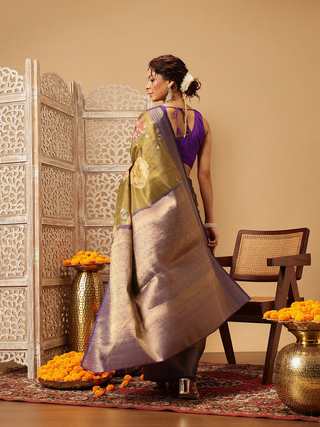 Olive Banarasi Tissue Silk Saree with Floral Digital Print