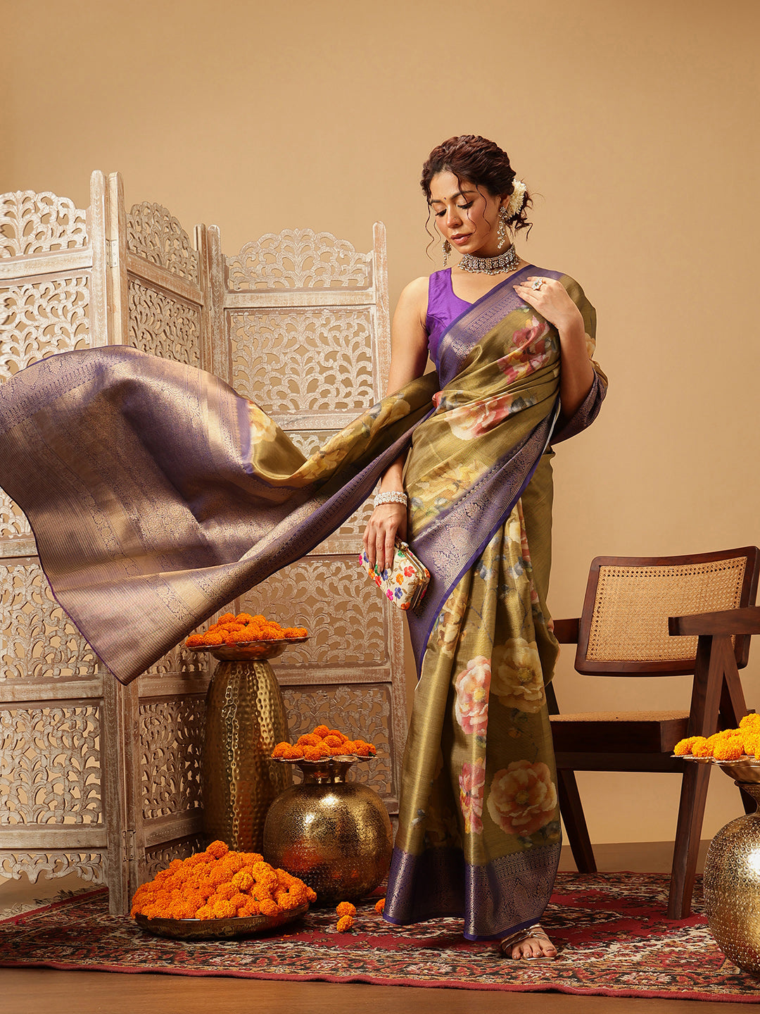 Olive Banarasi Tissue Silk Saree with Floral Digital Print