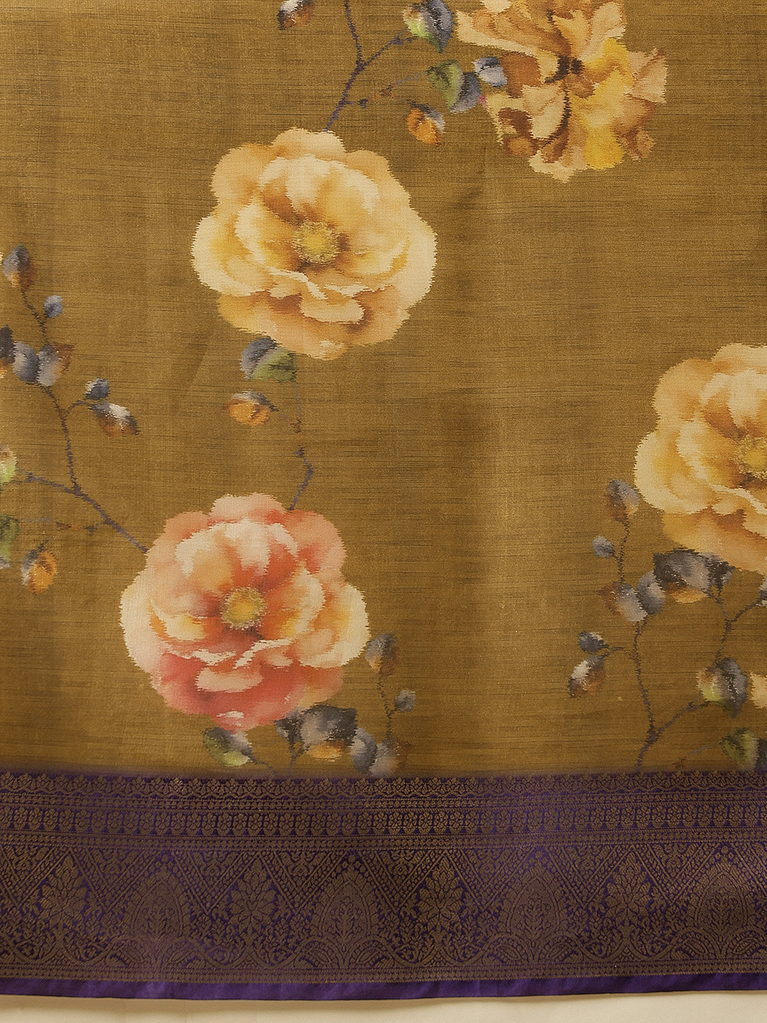 Olive Banarasi Tissue Silk Saree with Floral Digital Print