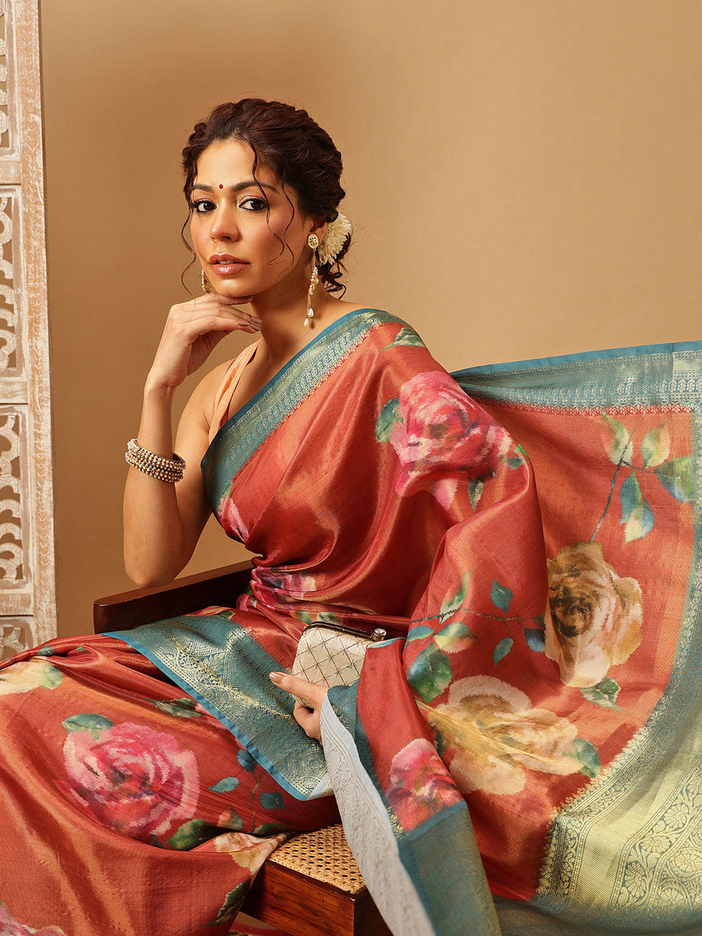 Peach Banarasi Tissue Silk Saree with Floral Digital Print