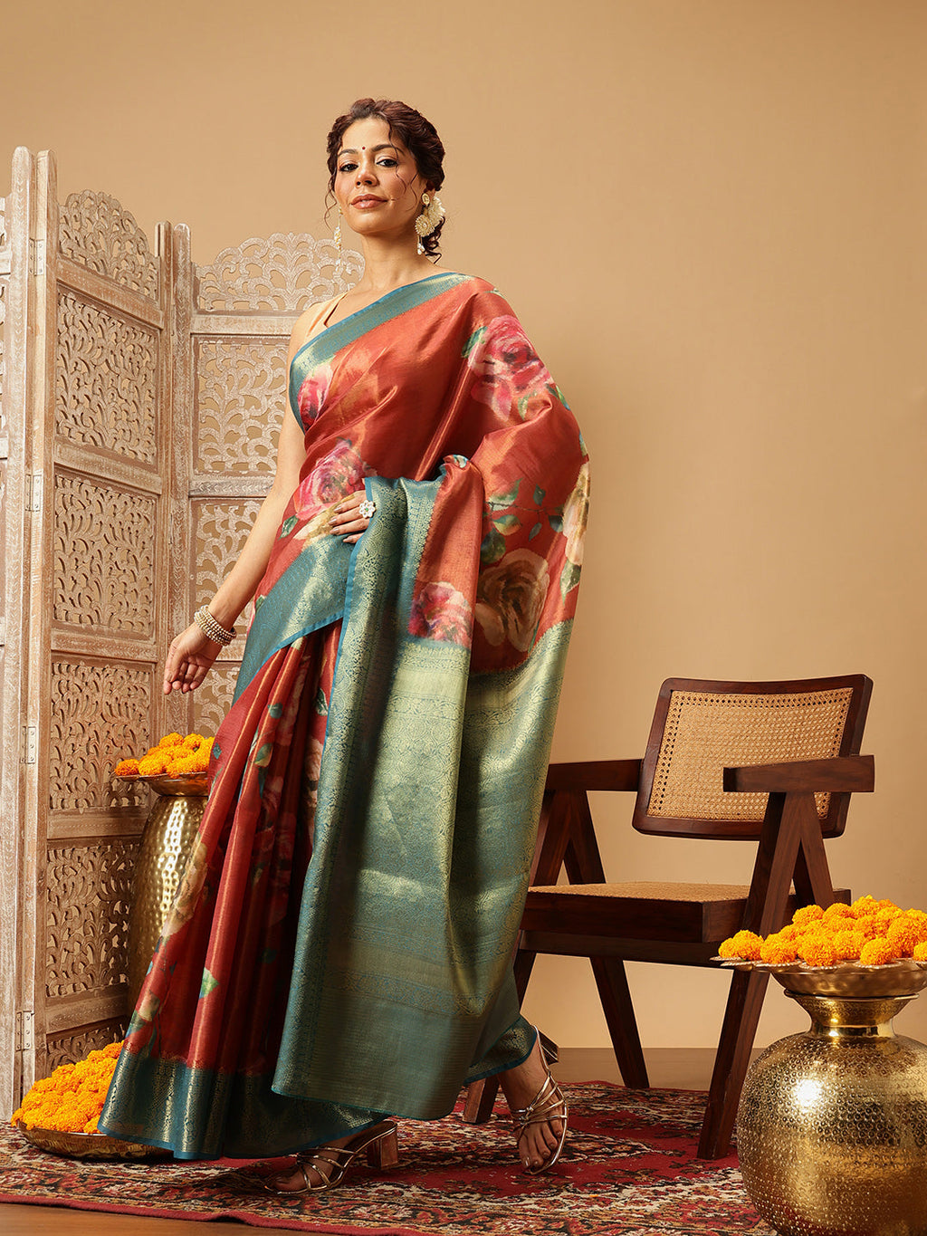 Peach Banarasi Tissue Silk Saree with floral digital print pattern
