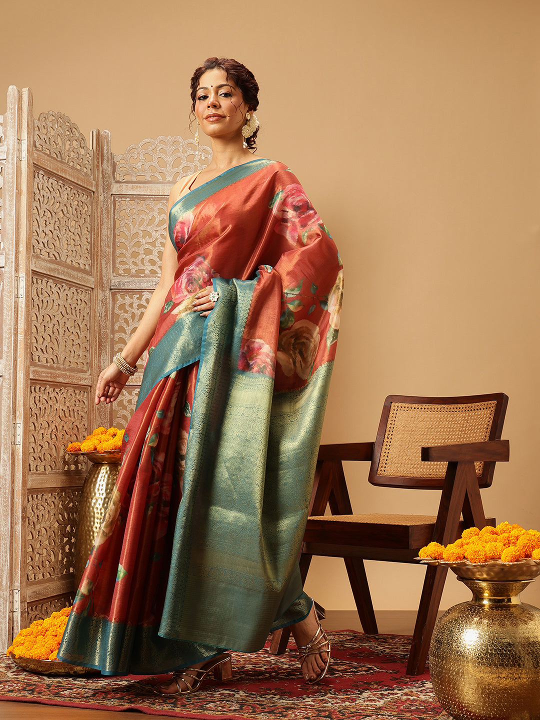 Peach Banarasi Tissue Silk Saree with floral digital print pattern