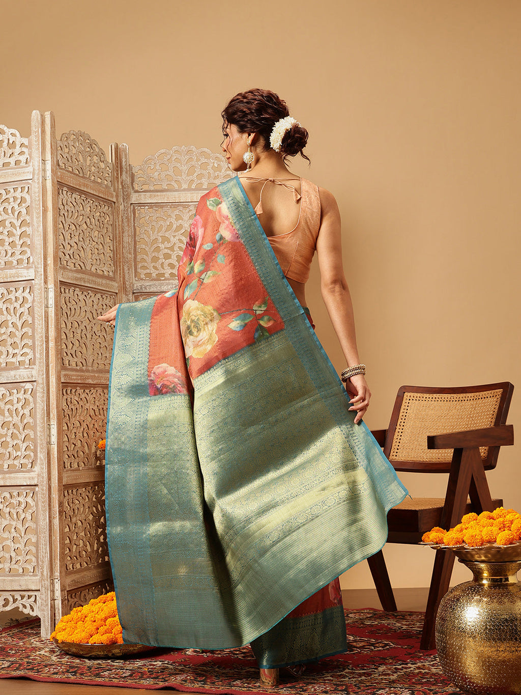 Peach Banarasi Tissue Silk Saree with Floral Digital Print