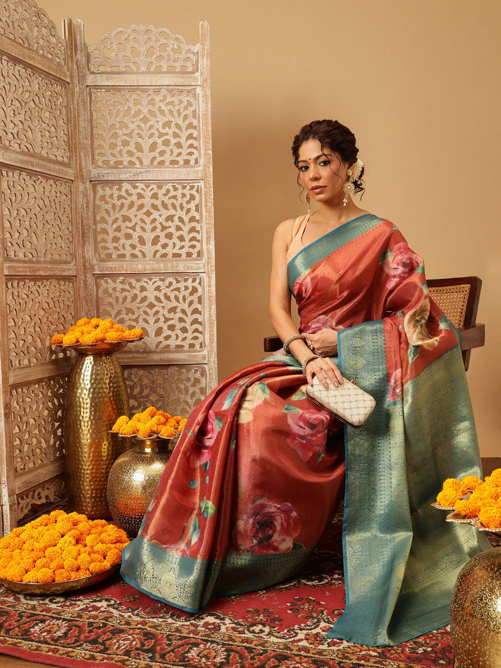 Peach Banarasi Tissue Silk Saree with Floral Digital Print