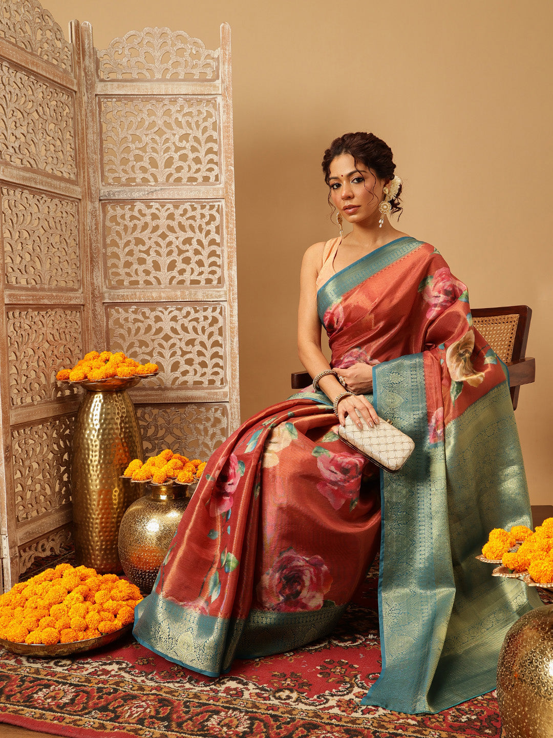 Peach Banarasi Tissue Silk Saree with Floral Digital Print