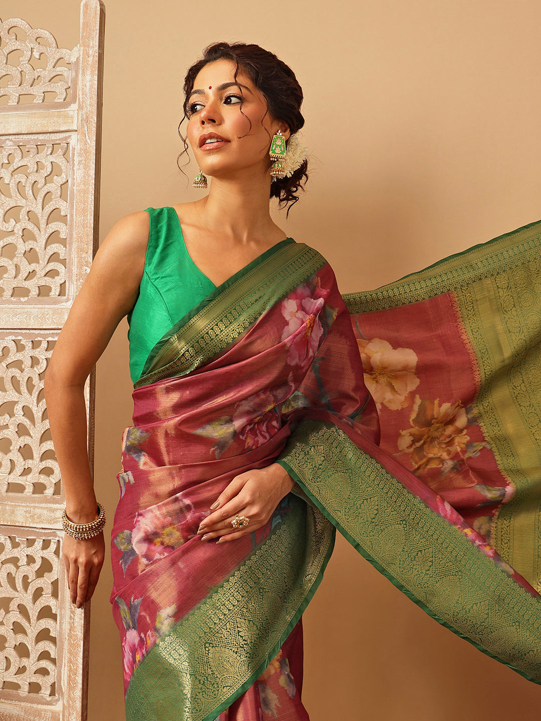 Pink Banarasi Tissue Silk Saree with Floral Digital Print