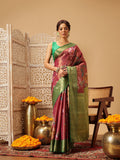 Pink Banarasi tissue silk saree with floral digital print details