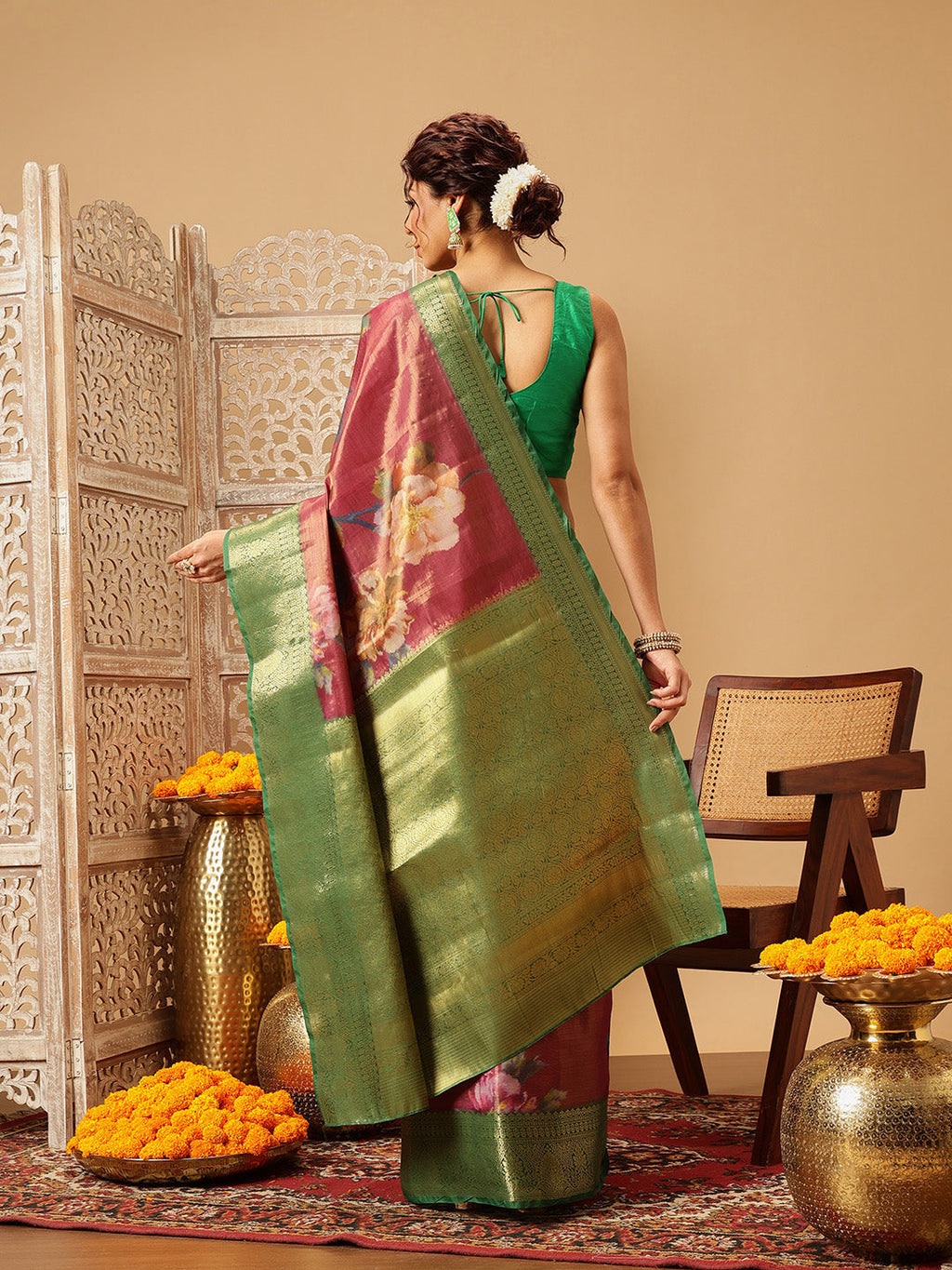 Pink Banarasi Tissue Silk Saree with Floral Digital Print