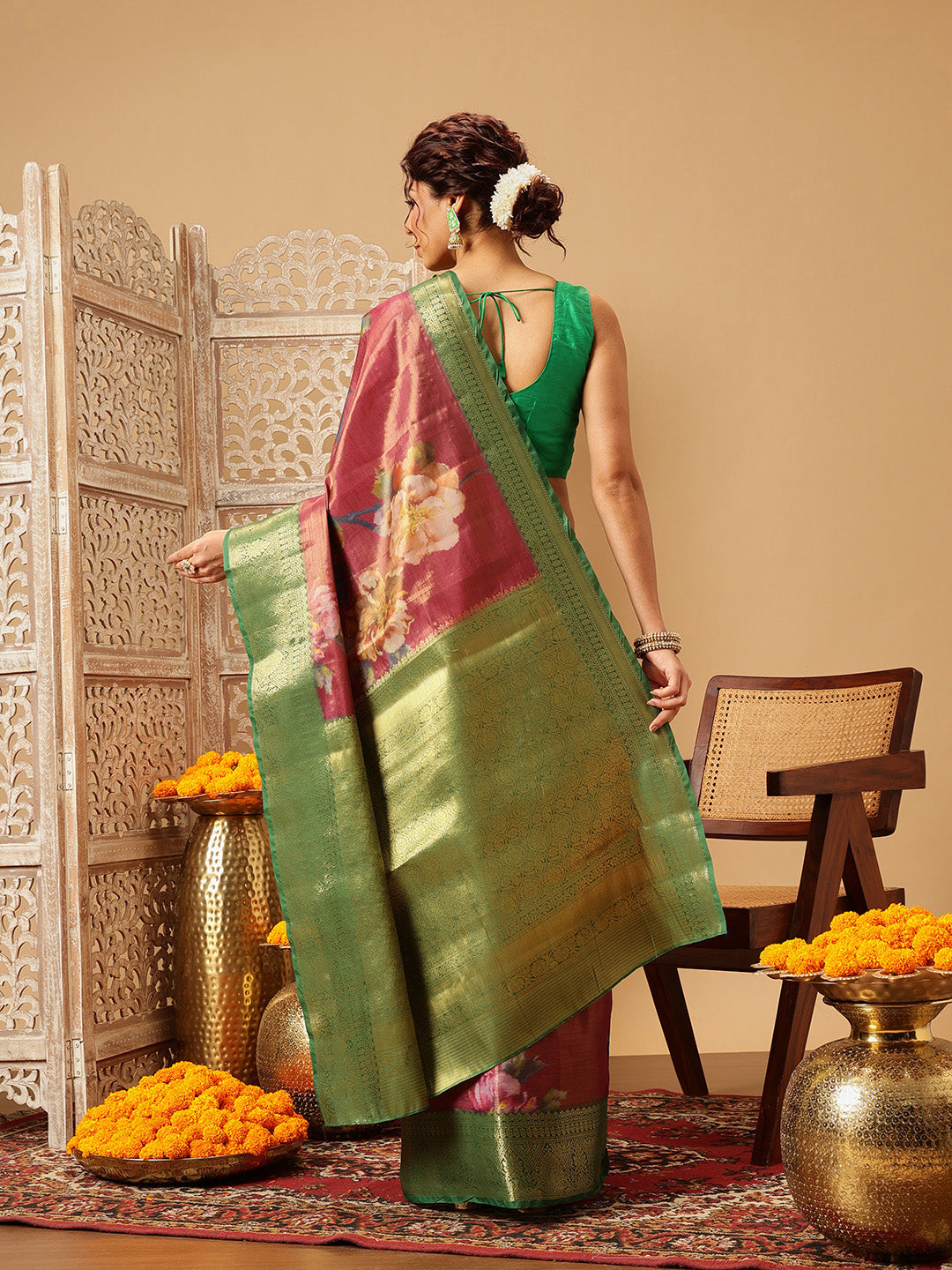 Pink Banarasi Tissue Silk Saree with Floral Digital Print