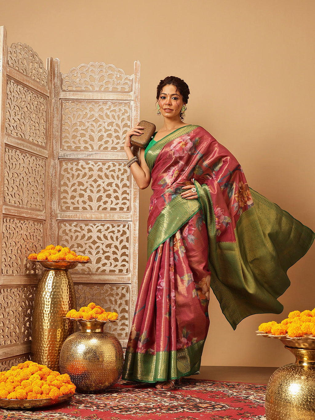 Pink Banarasi Tissue Silk Saree with Floral Digital Print