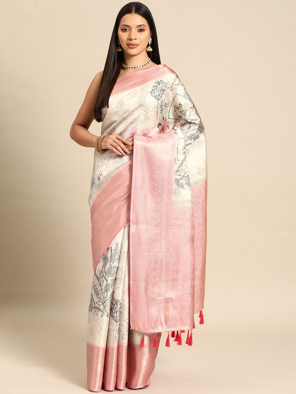 Art Silk Multicolor saree with Kalamkari design and zari borders including unstitched blouse piece