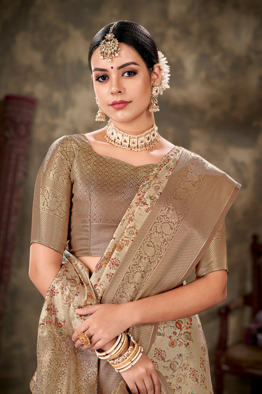 Beige Art Silk Printed Floral Saree with Unstitched Blouse