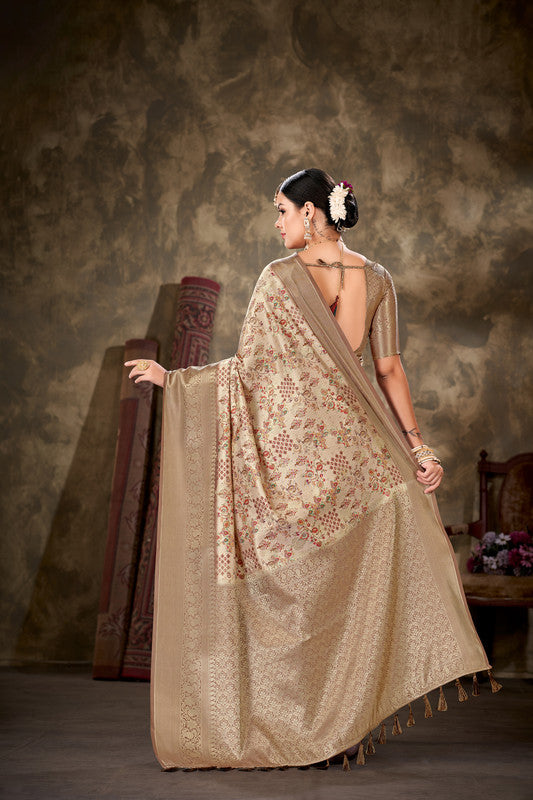 Beige Art Silk Printed Floral Saree with Unstitched Blouse