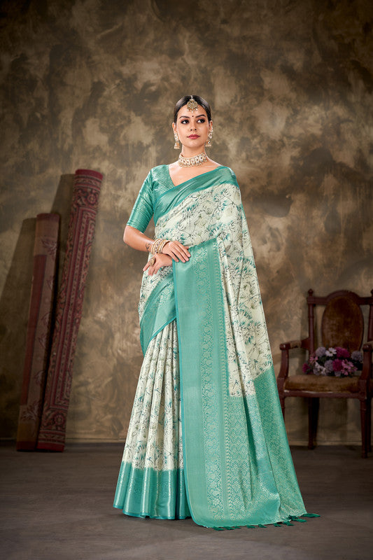 Turquoise Art Silk Saree with Printed Floral Motif