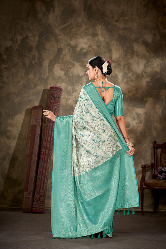 Turquoise Art Silk Saree with Printed Floral Motif