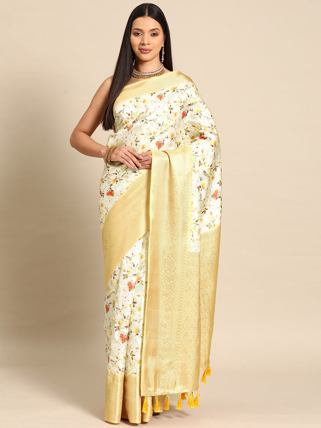 Elegant multicolor floral Art Silk saree with woven zari border.