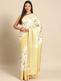 Elegant multicolor floral Art Silk saree with woven zari border.