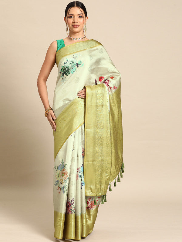 Multicolor Art Silk Saree with floral prints and gold woven zari border detail.