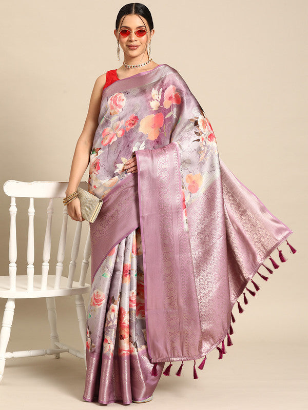 Multicolor Art Silk saree with floral print and silver zari border