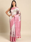 Multicolor art silk floral saree with metallic pink woven zari border and unstitched blouse piece