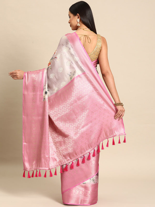 Multicolor Floral Art Silk Saree with Woven Zari Border
