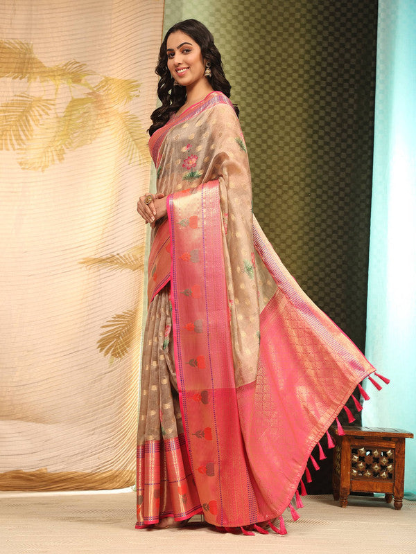 Beige Art Silk saree showcasing digital floral prints and a fluid drape
