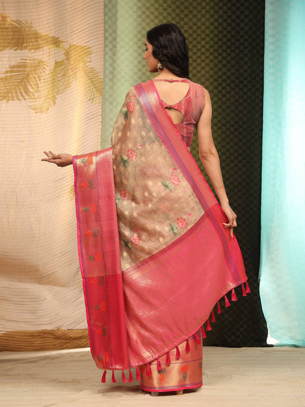 Beige Art Silk Digital Print Floral Saree with Unstitched Blouse