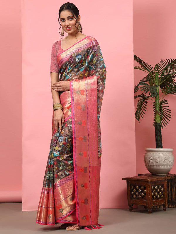 Brown Art Silk saree with a modern digital floral print design