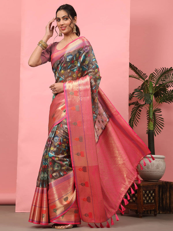 Brown Art Silk Digital Print Floral Saree with Unstitched Blouse