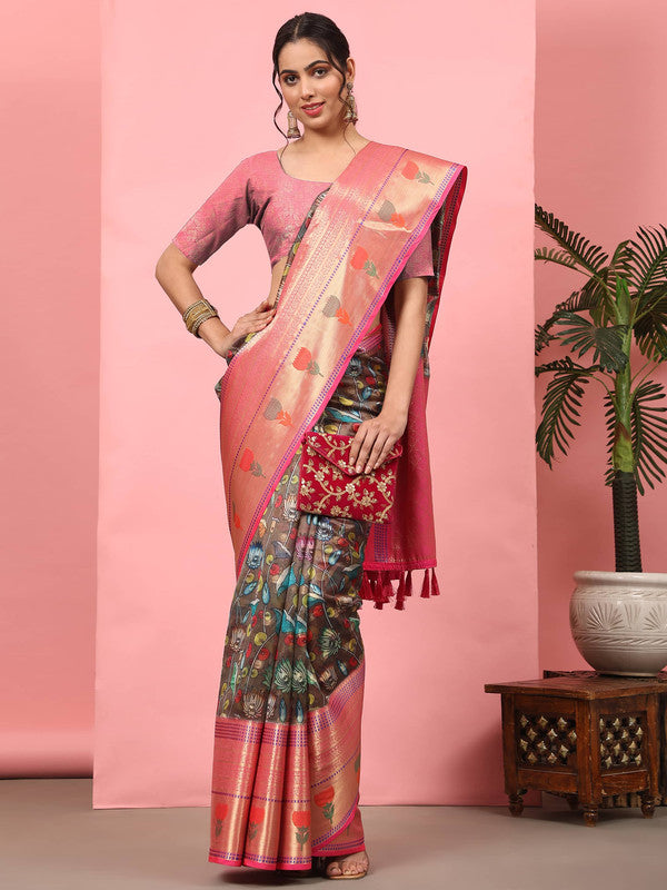 Brown Art Silk Digital Print Floral Saree with Unstitched Blouse