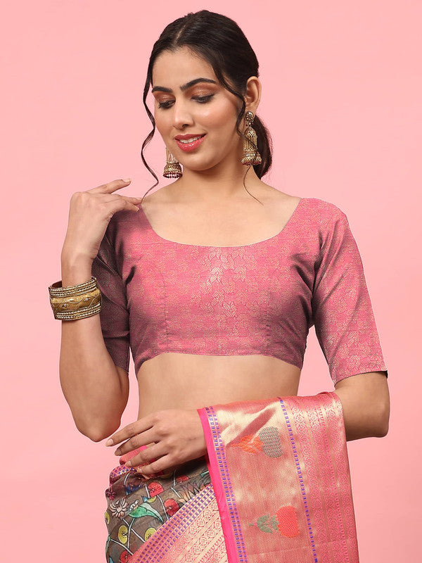 Brown Art Silk Digital Print Floral Saree with Unstitched Blouse