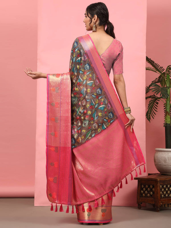 Brown Art Silk Digital Print Floral Saree with Unstitched Blouse