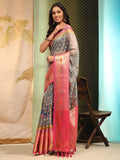 Gray art silk saree featuring digital floral prints with unstitched blouse