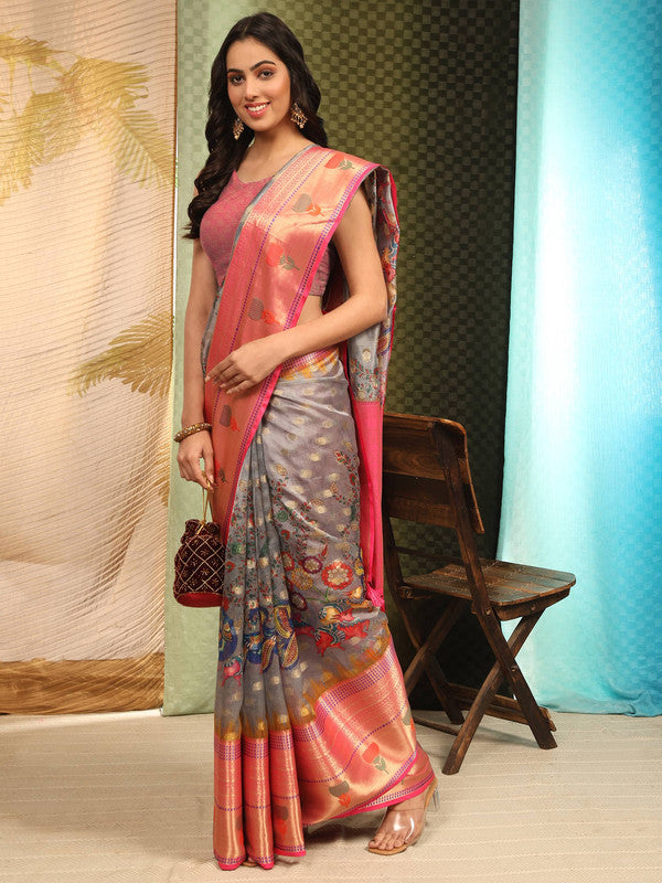 Gray Art Silk Floral Digital Print Saree with Blouse Piece