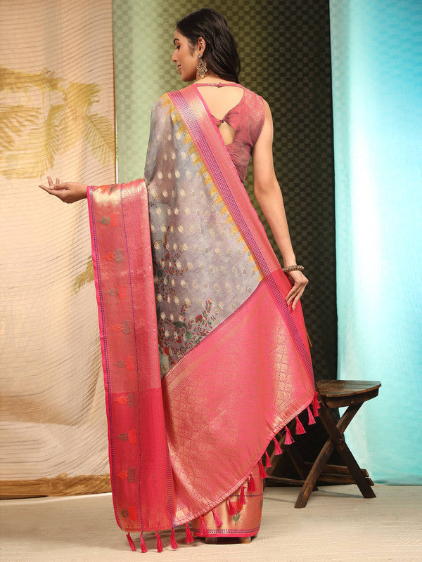 Gray Art Silk Floral Digital Print Saree with Blouse Piece