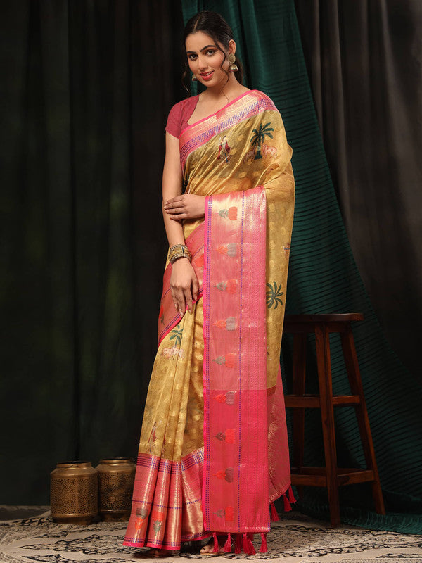Mustard Art Silk saree featuring a vibrant floral digital print and unstitched blouse