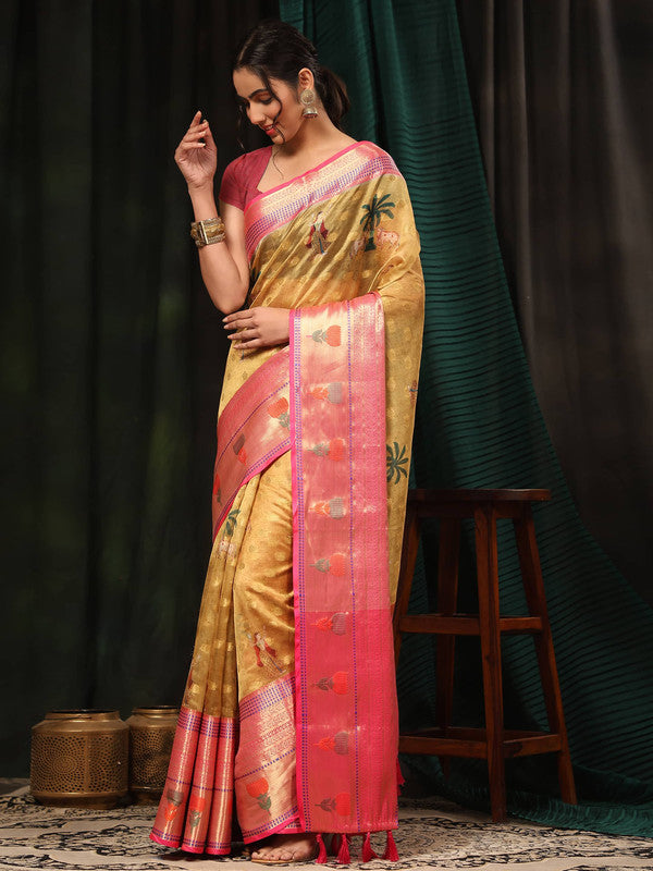 Mustard Art Silk Digital Print Floral Saree with Blouse Piece
