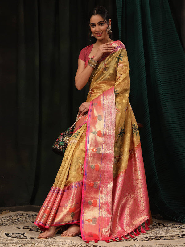 Mustard Art Silk Digital Print Floral Saree with Blouse Piece