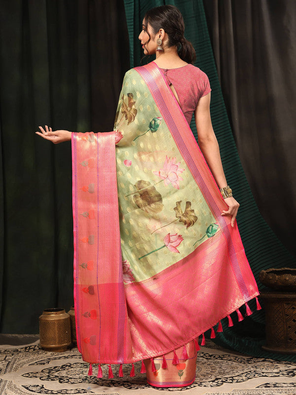 Green Art Silk Floral Digital Print Saree