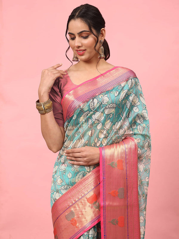 Turquoise Art Silk saree with colorful digital floral prints and unstitched blouse piece