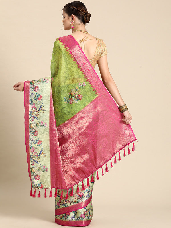 Green Kanjeevaram Silk Floral Digital Print Saree with Blouse