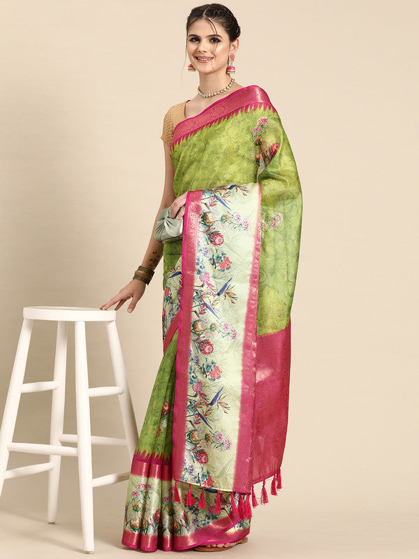 Green Kanjeevaram silk saree with digital floral motifs and unstitched blouse piece