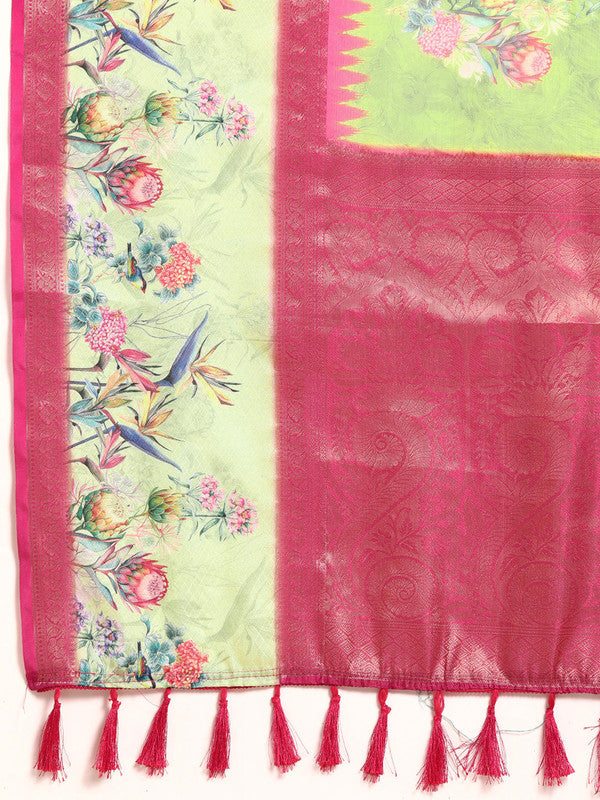 Green Kanjeevaram Silk Floral Digital Print Saree with Blouse