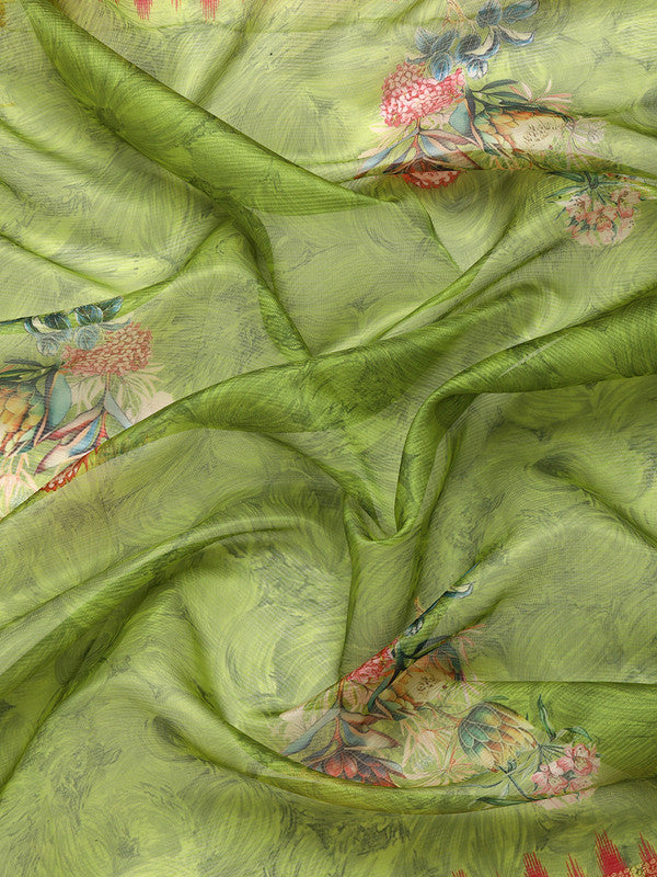 Green Kanjeevaram Silk Floral Digital Print Saree with Blouse