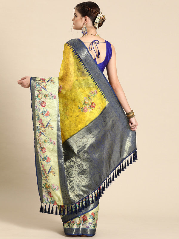 Mustard Kanjeevaram Silk Digital Print Floral Saree & Blouse
