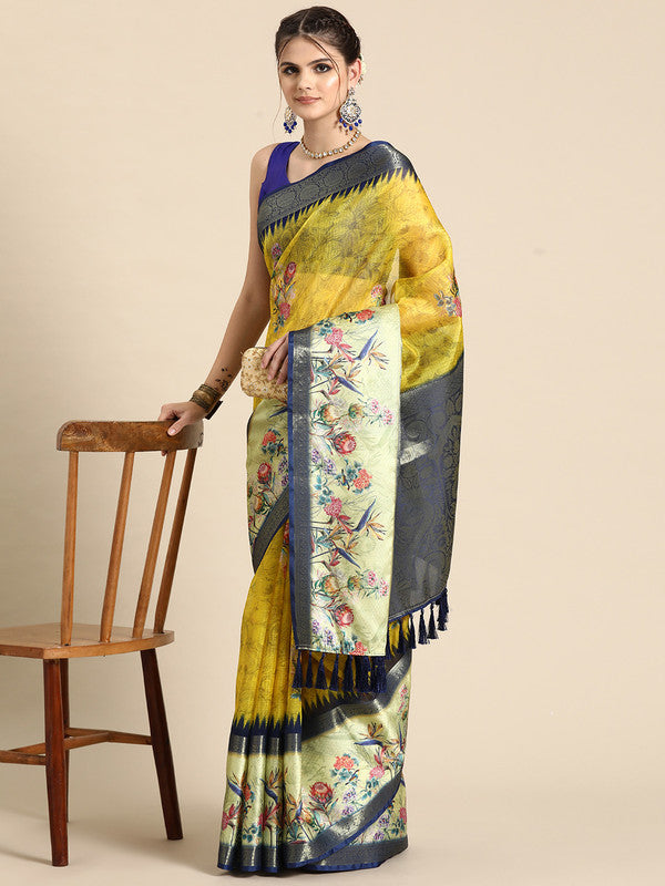 Mustard Kanjeevaram silk saree with digital floral print and unstitched blouse
